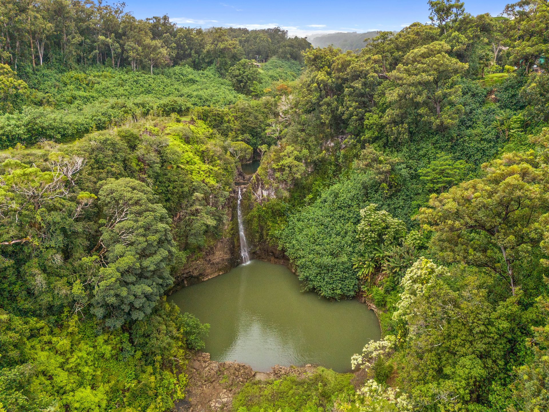 Aerial view of the waterfall and pool