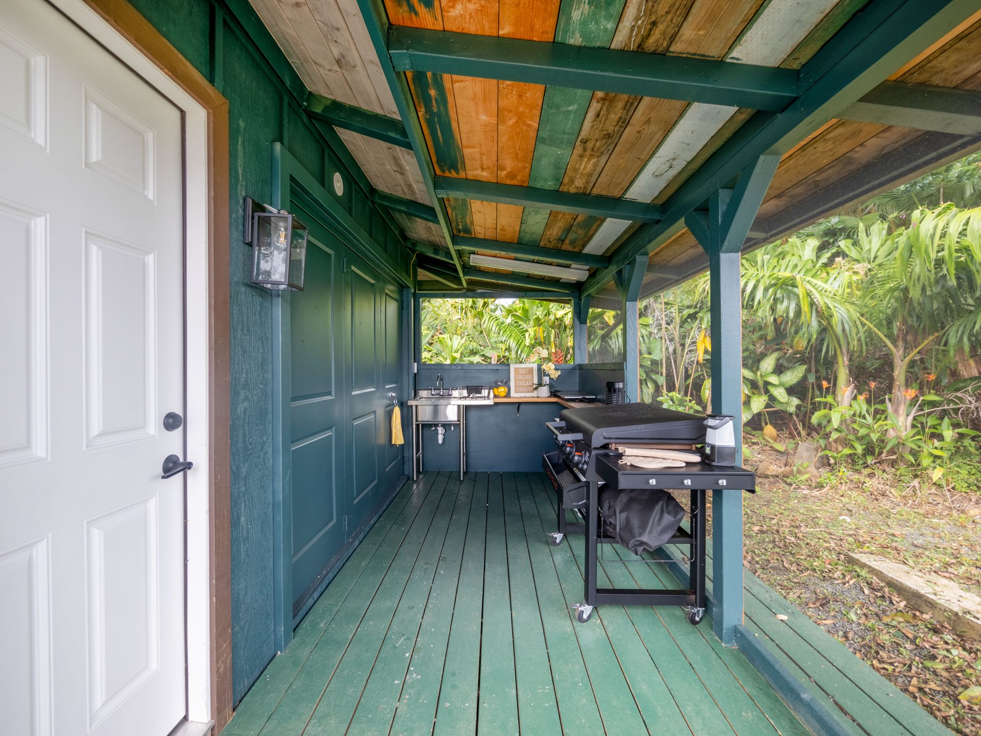 Luxury shed porch with outdoor kitchen