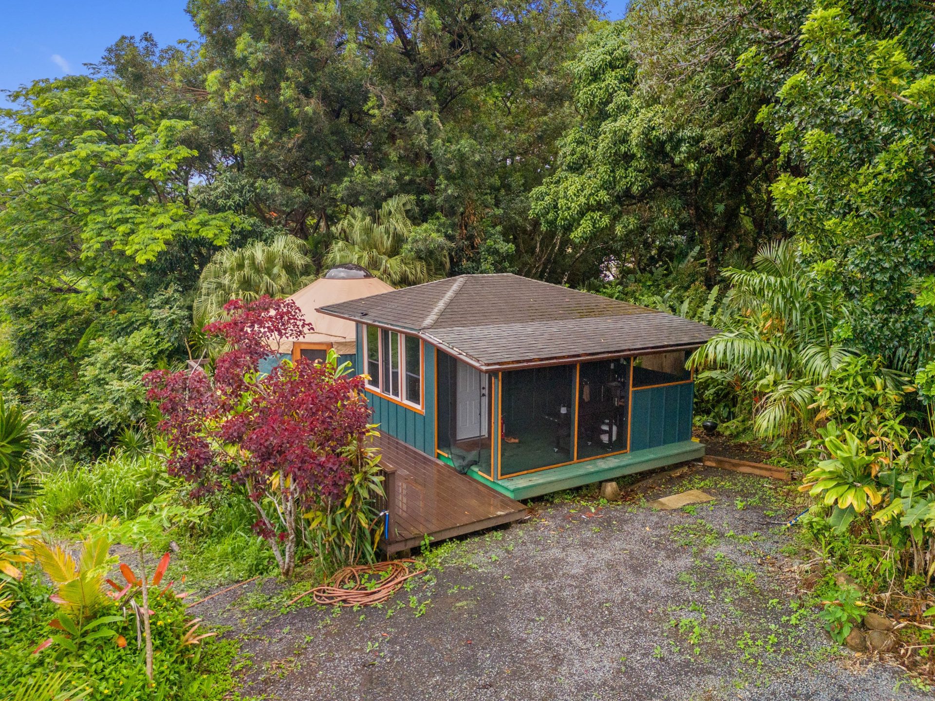 Aerial view of the luxury shed, deck and yurt